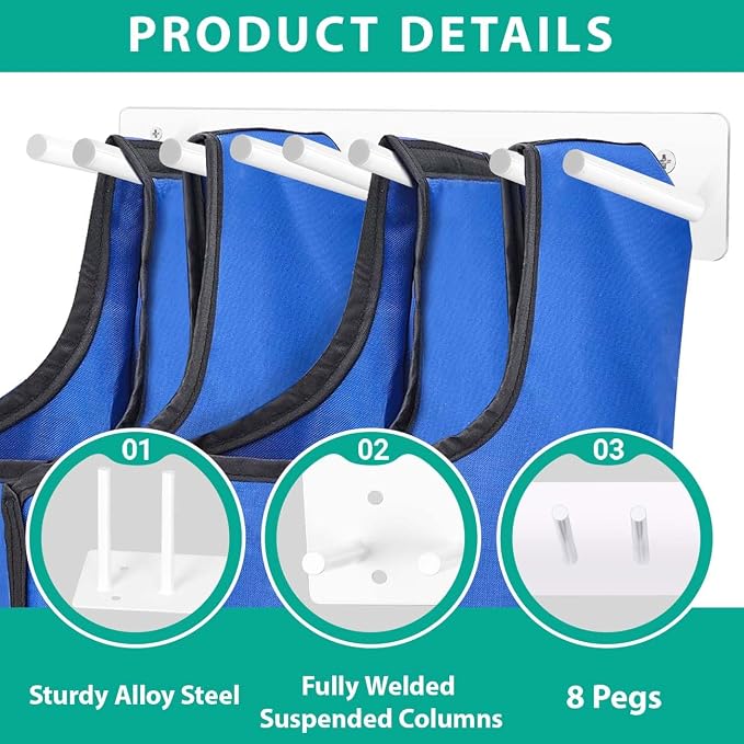 Ecliptica Wall-Mounted X Ray Apron Storage Organizer - 8-Peg Heavy-Duty Hanger Rack 4 Lead Aprons, Durable White Coated Steel Weight Vest Hanger for Hospital, Dental Clinic & Imaging Center