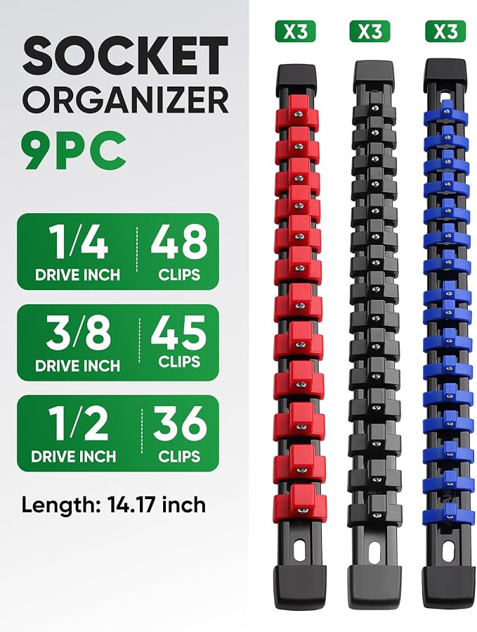 ALOANES 9PC Socket Organizer, Socket Rails Fit 1/2", 1/4" and 3/8" Drive | Red&Black&Blue HeavyDuty ABS Socket Holders Hold up 129 Sockets for Toolbox Drawer Bags