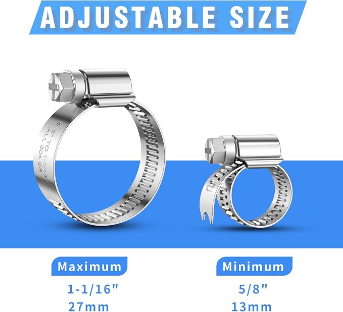 24PCS Heavy Duty Hose Clamps Stainless Steel 304,5/8" Hose Clamp to 1-1/16" Hose Clamp (16-27mm) Adjustable Worm Gear Drive Small Radiator Hose Clamps,Pipe Clamp for Automotive and Industry