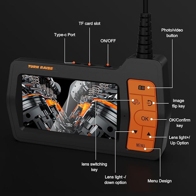 Triple Lens Sewer Camera with 50ft, 5" IPS Screen Borescope with Light, 1080P HD Endoscope IP67 Drain Pipe Snake Drain Camera, 32G Card Semi-Rigid Cable for Plumbing Inspection + Case
