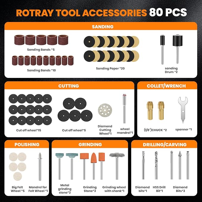4V Cordless Rotary Tool Kit with 80Pcs, 4000mAh Long-lasting Battery, 6 Speeds 8000-28000RPM Rotary Tool with Digital Display for Cutting, Sanding, Polishing, Drilling, Engraving, DIY Crafts(Orange)