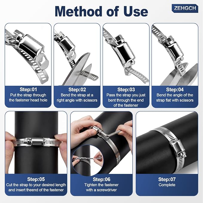 Hose Clamps, DIY 32.81FT Large Adjustable Metal Strap Stainless Steel Hose Clamps with 20 Stronger Fasteners Screw, Worm Gear Hose Clamps for Pipe, Tube, Duct and Fuel Line 25PCS