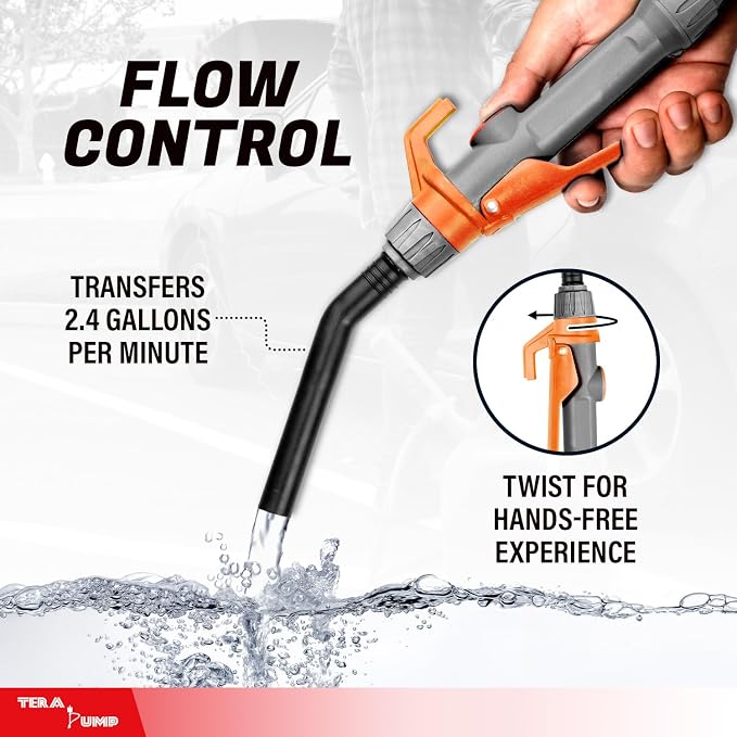 TERA PUMP 3rd Gen. Fuel Transfer Pump w/Quick Flow Control Nozzle - [ 2X Electric Power Options ] 12V AC/DC Plug-in & DC Inverter Clips, 8.2FT Discharge Hose, Gas, Diesel, Water (2.4 GPM)