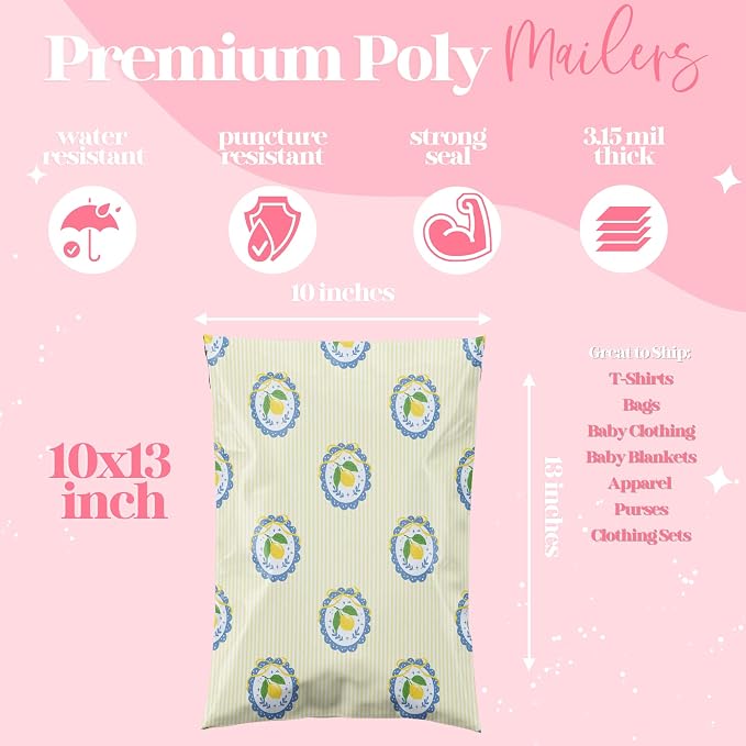 Pretty Package Store 10x13 Designer Poly Mailer 100 Pack Heavy Duty Waterproof Self Seal Shipping Bags for Small Business Large Mailing Envelopes Bulk Tear Resistant Packaging Yellow Summer Lemons