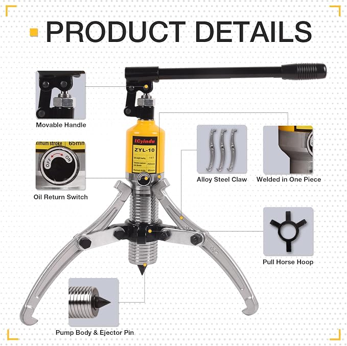 Hydraulic Gear Puller, 10 Ton Hydraulic Puller Kit Bearing Puller with Case 2 or 3 Jaws Bearing Hub Separator Hydraulic Puller Separator Tool for Pulling Hubs, Bearings, Gears, ZYL-10