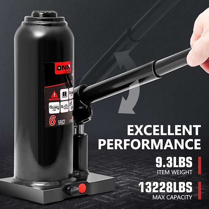 DNA Motoring 6 tons / 13228 lbs Lifting Automotive Welded Hydraulic Bottle Jack for Repair Vehicle, Pickup, Truck, w/Manual Handle, Black, TOOLS-00357
