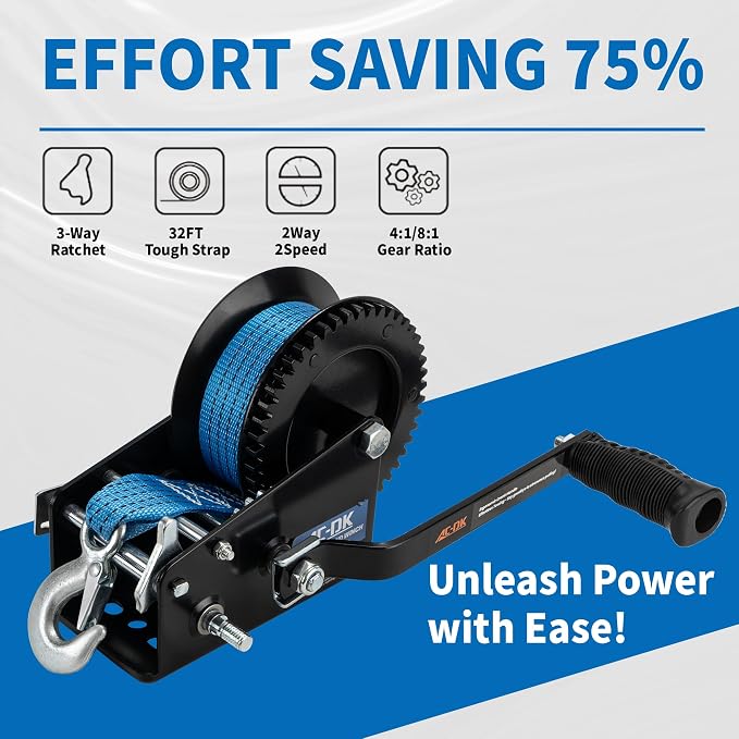 3500lbs Heavy Duty Boat Trailer Winch with 32FT Strap，2-Way Ratchet 4:1/8:1 Gear Trailer Winch，Portable Hand Crank Winch for Boat, Truck, Trailer, RV, ATV, Jet Ski