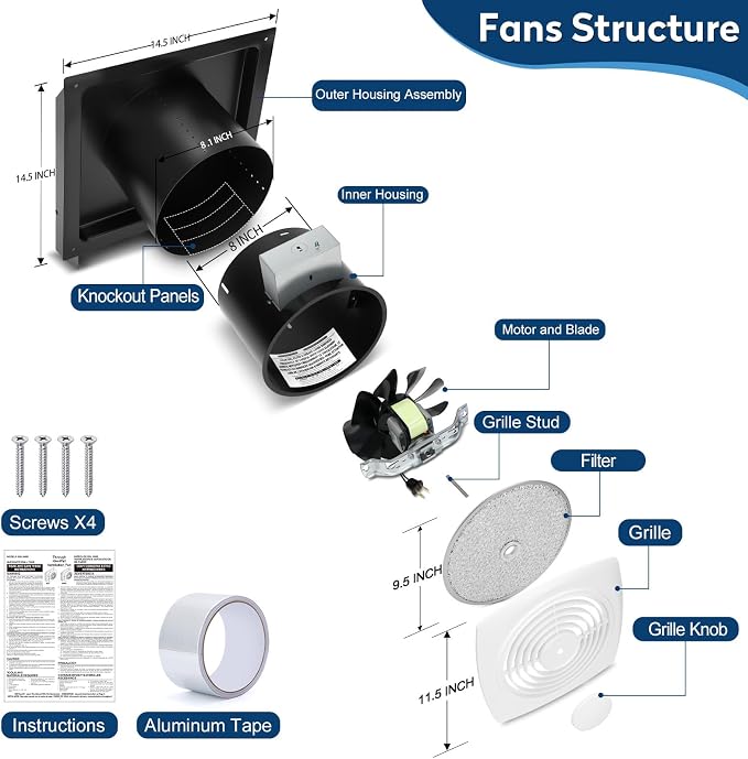 Through Wall Exhaust Fan, Bathroom Wall Exhaust Fan, Kitchen Exhaust Fan, 200 CFM High Airflow, White Cover, Aluminum Filter, 8.5 Sones, 8 Inch, Fits Walls 5" to 10" Thick, Model 509