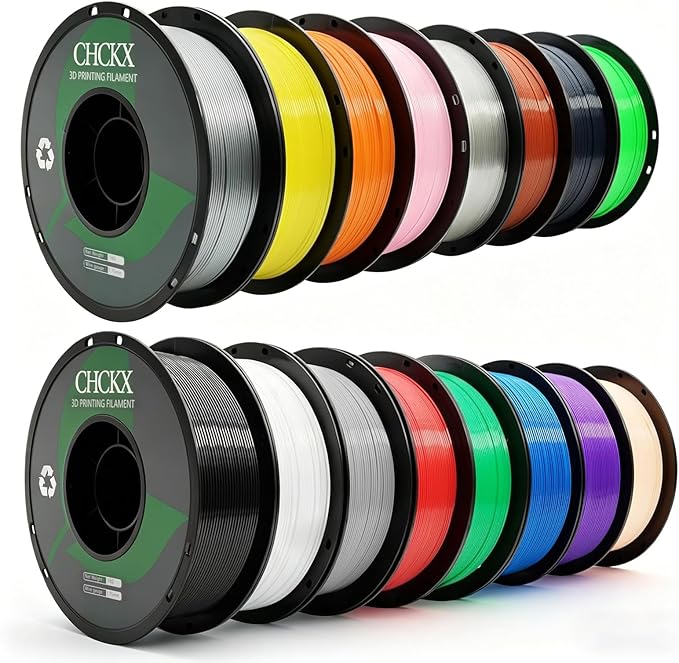 16Rolls PETG Filament Bundle Filament Bulk,1.75 mm Black+White+Grey+Red+Green+Blue+Purple+Skin+Silver+Yellow+Transparent+Coffee+Cherry Blossom Pink+Orange+Navy Gray+Grass Green.