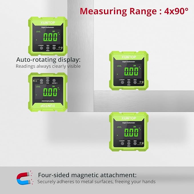 XUNTOP 4x90° Digital Angle Finder with Green Laser(Class 2, <1mW Output) 4 Sided Strong Magnetic Digital Angle Gauge Rechargeable IP54 Waterproof Level Box with VA Display for Woodworking Construction