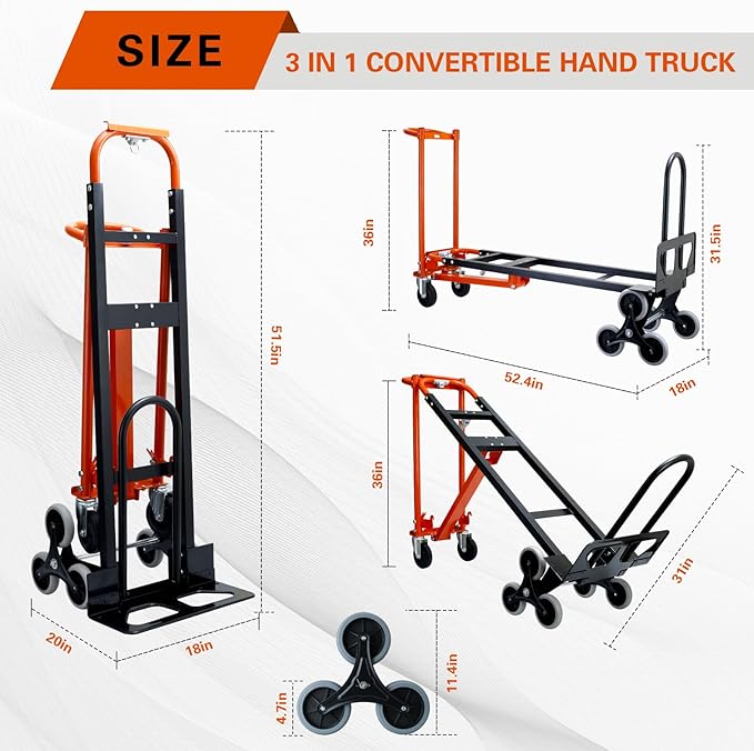 3 in 1 Industrial Convertible Hand Truck,1000 LBS Capacity Stair Climbing Dolly Cart,Heavy Duty Hand Truck Dolly Cart with Dual Handles for Home,Moving,Transport,Warehouse,Office(Orange)