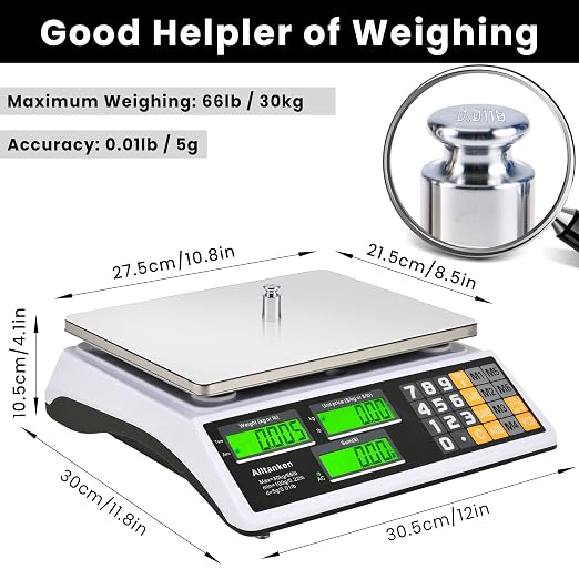 66lb/30kg Digital Price Computing Scale with Dual LCD & Counting Mode — Rechargeable Stainless Steel Food Scale for Farmers Markets, Delis, Bakery & Retail