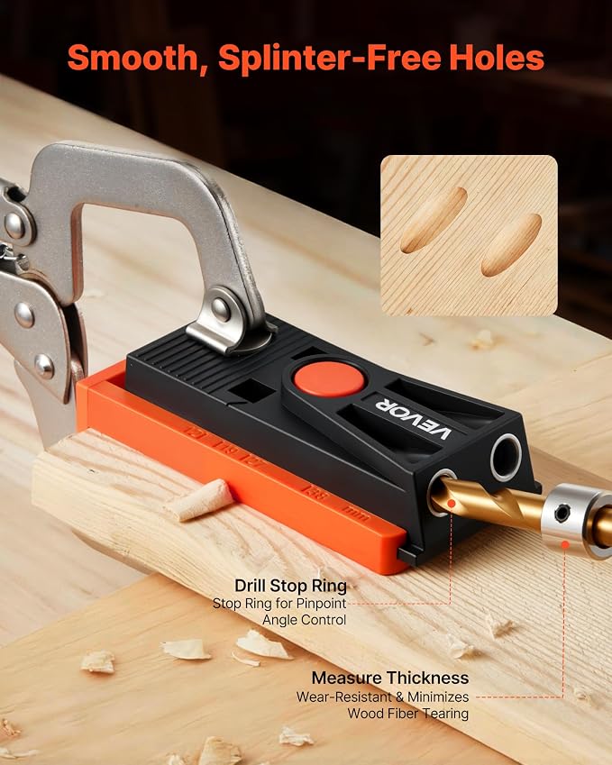 VEVOR Pocket Hole Jig Kit, 1/2 to 1-1/2 in Adjustable, Mini Jig Pocket Hole System with Step Drill, Hex Wrench, Drill Stop Ring, Square Drive Bit, and Screws, Reinforced Nylon Frame, for Woodworking