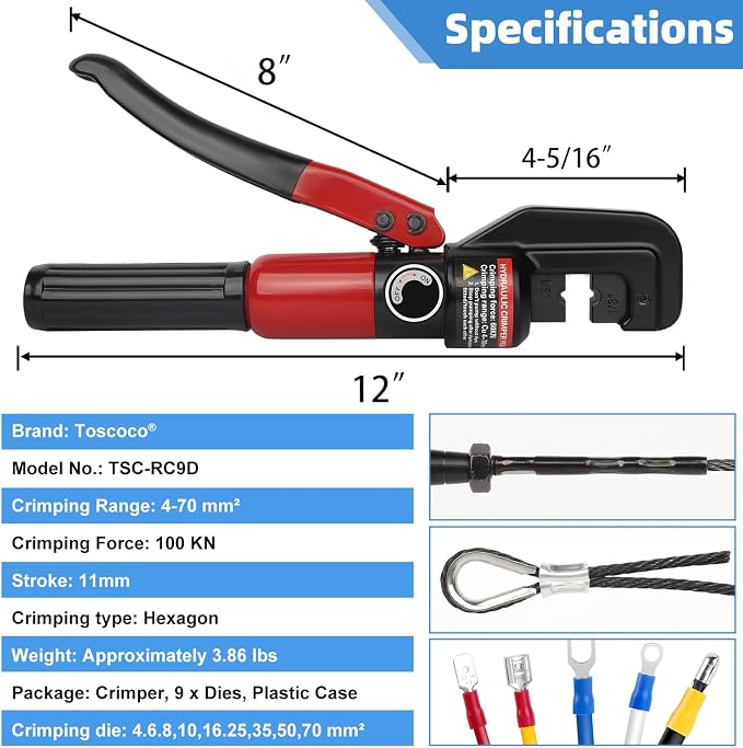 Upgraded Hydraulic Crimping Tool for 1/8" 3/16" Stainless Steel Cable Railing Kits, Hand Hydraulic Crimper with Return Spring, Reinforced Unbreakable Head and 9 Pairs Black Oxide Coated Dies
