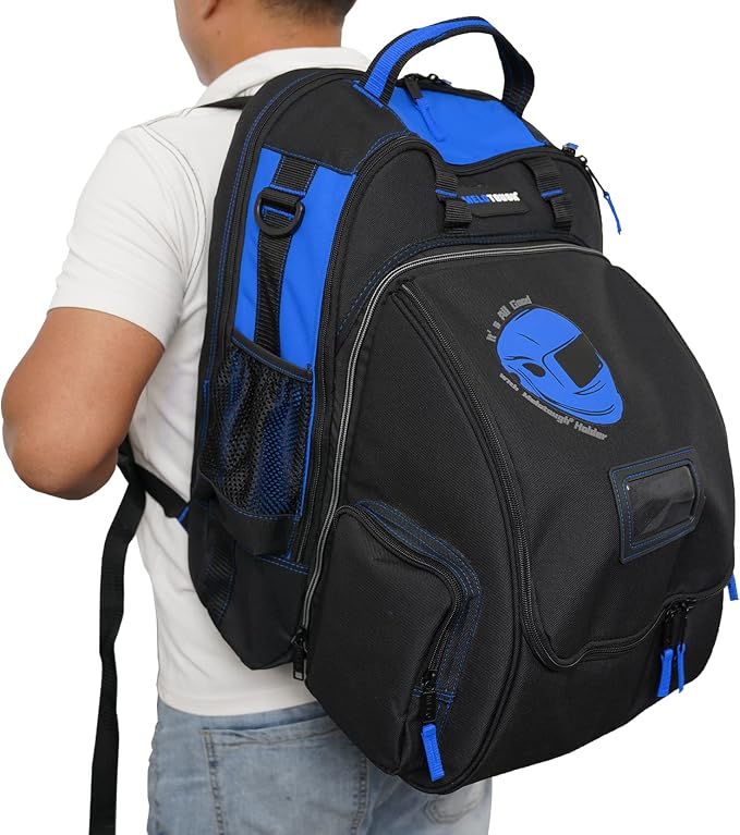 MELOTOUGH Electrician Tool Bag Welding Tool Backpack with Helmet Catch Heavy Duty Tool Organizer Bag for Electrician, Carpenter,Tradesman,Construction,HVAC,Welder (Blue)