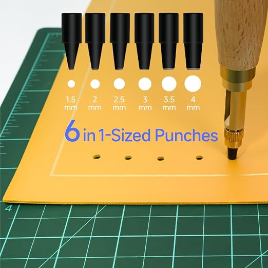 Kearing Screw Punch, Adjustable Leather Hole Punch with 6 Sizes (1.5mm,2.0mm,2.5mm,3.0mm,3.5mm,4.0mm) with Wood Handle for Paper, Leather