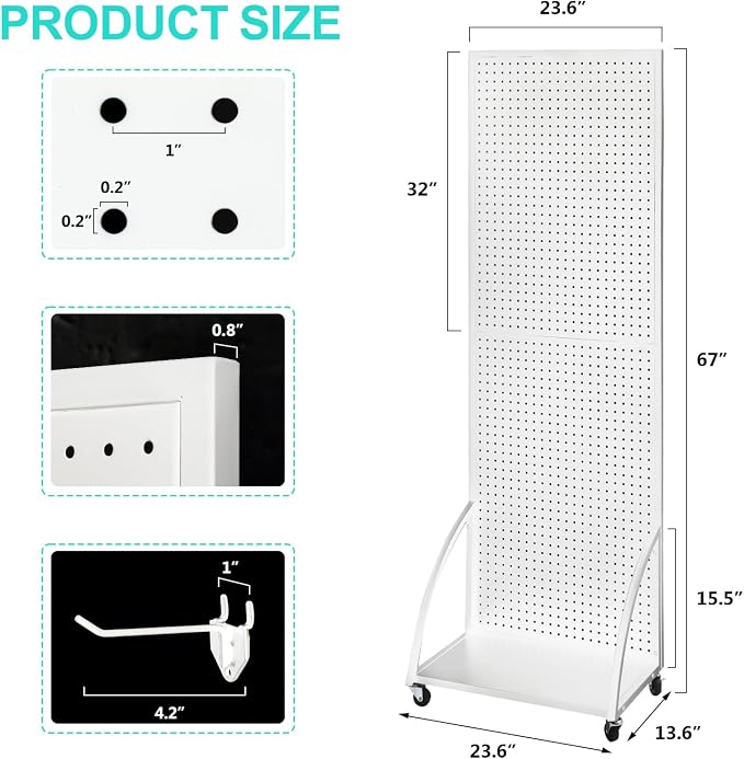 NectaCol 2'x 6' Metal Pegboard Display Stand with a Plate, Peg Board Panels, Standing Pegboard Display, Craft Fair Display Rack, Art Display Stand, Extra 10 pieces Hooks - White
