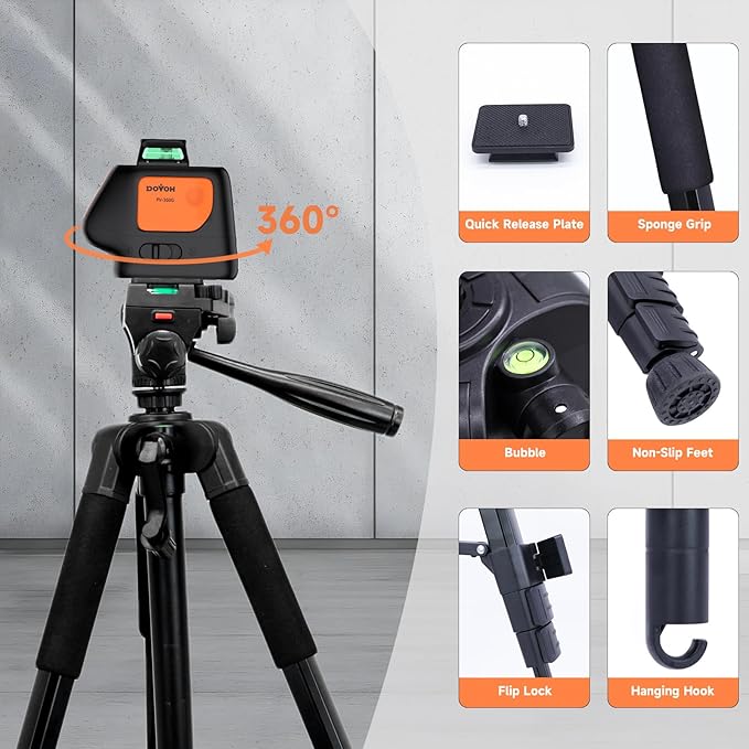 DOVOH Plumb Dot Laser Level with Tripod, 360 Degree, PV-360G-KIT | 2 Plumb Points, Self Leveling, Rechargeable, Green Beam, Entry Level, For Layout, Framing, HVAC, Plumbing, Construction