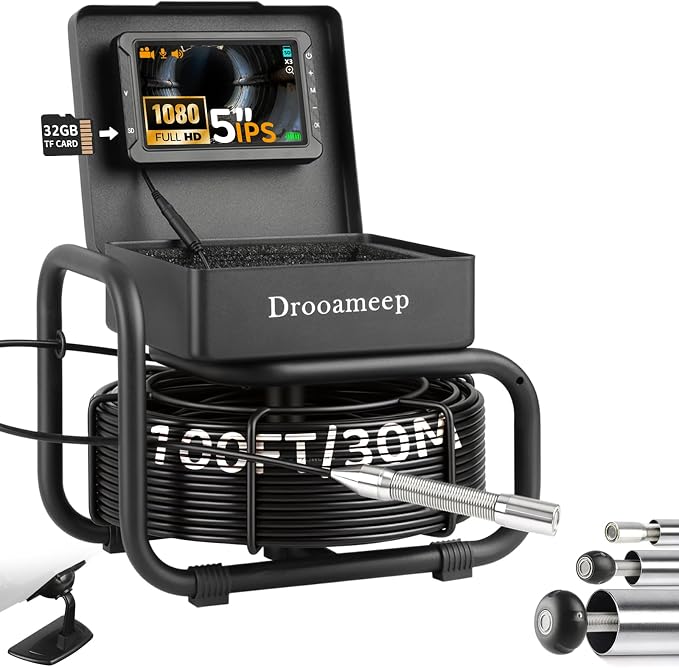 Sewer Camera, Sewer Inspection Camera, 5" IPS HD Drain Camera with 8 Lights, IP68, 32GB, DVR, FOV145°, Microphone & Speaker, for Pipe, Home Duct, Plumbing - 66FT (30M/100FT)