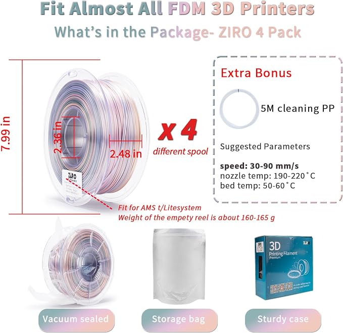ZIRO Silky Fast Color Change PLA 4 Pack, 1.75mm Color Gradient Filament Bundle, Glossy Rainbow PLA Filaments, Fit Most 3D Printers and Pen, Shiny Surface 1KG X 4 Spool
