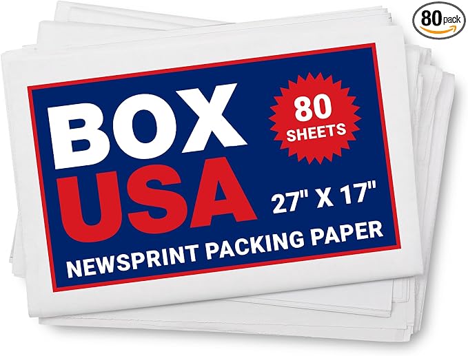 BOX USA Packing Paper Sheets 27" x 17" (80 Sheets, 2 lb) - Newsprint Paper for Shipping, Storage and Moving Supplies, White