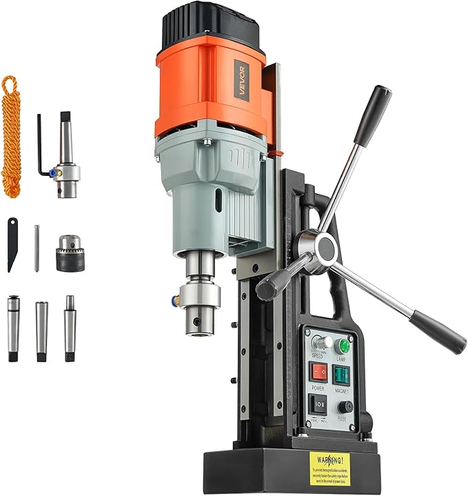 VEVOR Magnetic Drill Press, 1550 W, 2.4 in Boring Diameter, 2922 lbf Power Mag Drill Press, 0-600 RPM Adjustable Speed, Morse Taper, M3-M16 Tapping, for Metal Surface, Industrial and Home Improvement