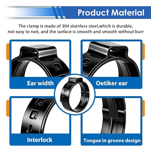 115Pcs 304 Stainless Steel Black Single Ear Hose Clamps with Ear clamp plier 6-28.6mm Crimp Hose Clamps Assortment Kit for Auto/Home Appliance/Pipe/Fuel Line Stepless hose clamp with pincer