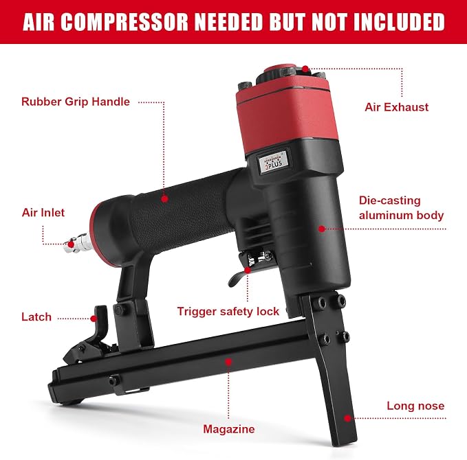 3PLUS H7116LSP-KT 22 Gauge 3/8-Inch Crown Pneumatic Upholstery Stapler with Long Nose, Air Stapler Kit, with 6000 Staples, 1/4-Inch to 5/8-Inch