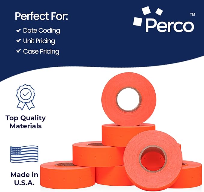 Perco 2 Line Fluorescent Red Labels - 6,000 Blank Price and Date Gun Labels for Perco 2 Line Price and Date Guns - 8 Rolls, 1 Sleeve - Made in USA