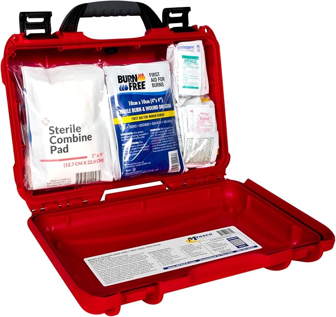 MFASCO Deluxe Class A First Aid Kit 909 Red | DOT, ANSI & OSHA Approved, Packed in a Rugged, Waterproof, Indestructible Case, Compartmental Bag, Durable, Red Plastic Kit, OSHA Type II & IV Container
