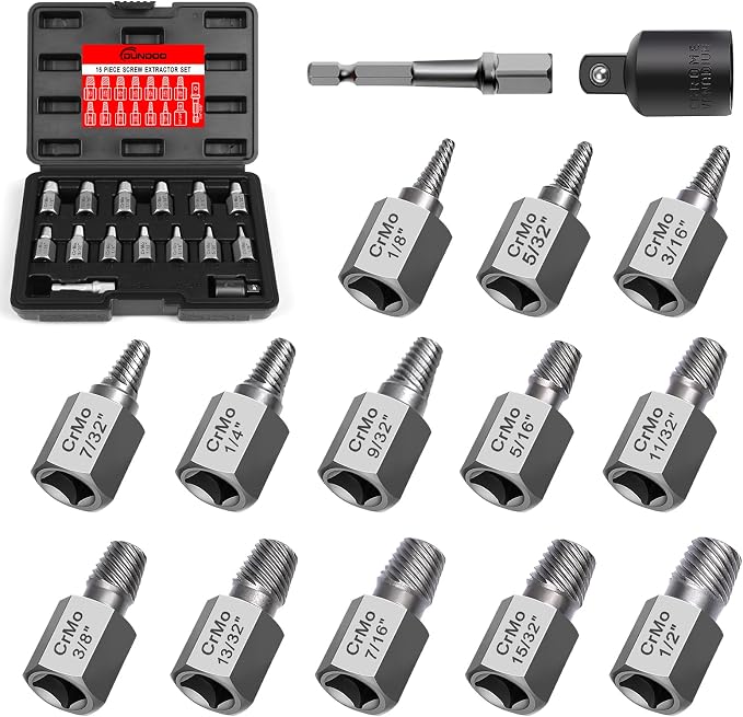 15 Pieces Screw Extractor Set, Easy Out Bolt Extractor Kit, 3/8" Inch Drive Hex Head Multi-Spline Bolt Remover Kit Tool for Removing Stripped, Broken Rusted Bolts Screws
