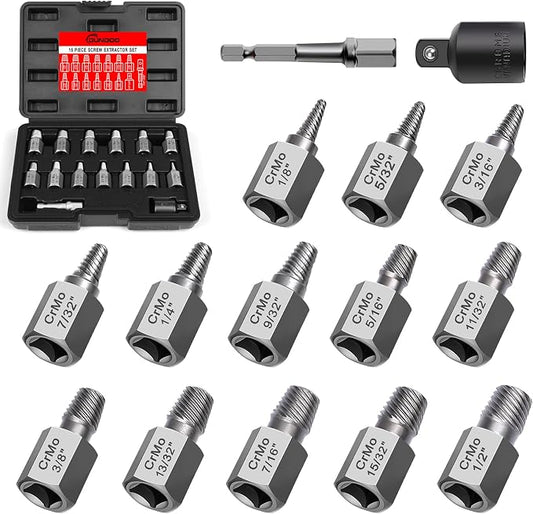 15 Pieces Screw Extractor Set, Easy Out Bolt Extractor Kit, 3/8" Inch Drive Hex Head Multi-Spline Bolt Remover Kit Tool for Removing Stripped, Broken Rusted Bolts Screws