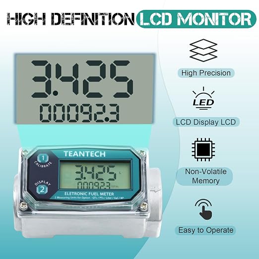 1Pack 1 in Digital Turbine Fuel Flow Meter with 3/4 in Adapters, High Accuracy Diesel Flow Meter with NPT Counter, Digital LCD with 5 Units, Auto Shut Off, for Gasoline/Kerosene/Water