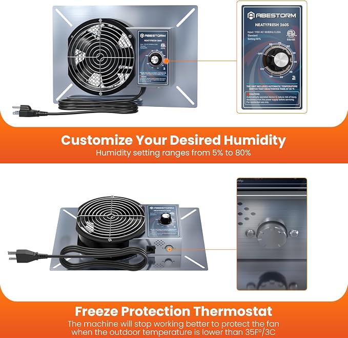 Abestorm 260CFM Crawl Space Ventilation Fan, IP-55 Rated Commercial Stainless Steel Vent Fan with Humidistat & Thermostat, 6.7 Inch Ventilator with Isolation Mesh for Crawlspace, Basement, Garage