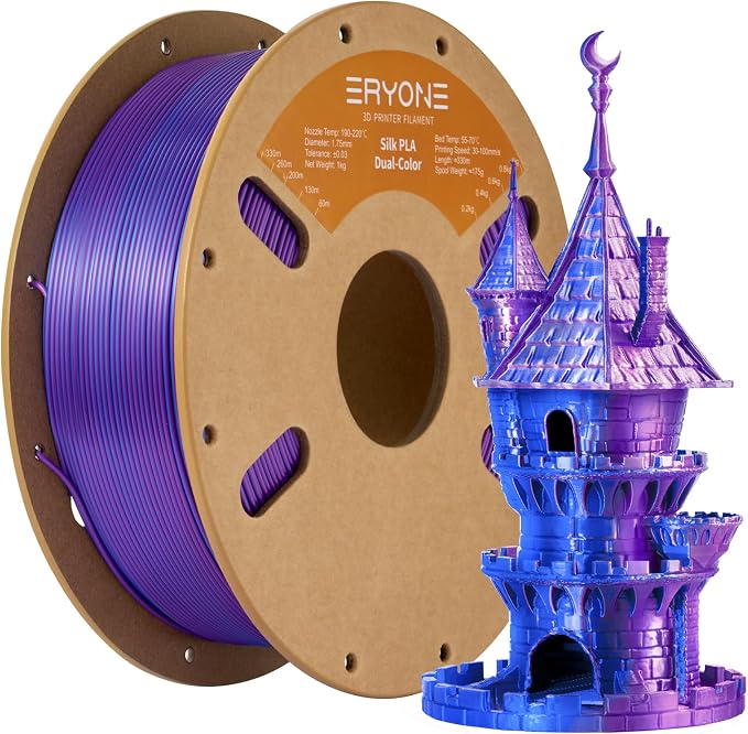 ERYONE Silk Dual Color PLA Filament 3D Printer 1.75mm +/- 0.03mm, Bicolor Filament Two Tone PLA 1KG(2.2lbs) Cardboard Spool, Purple Blue