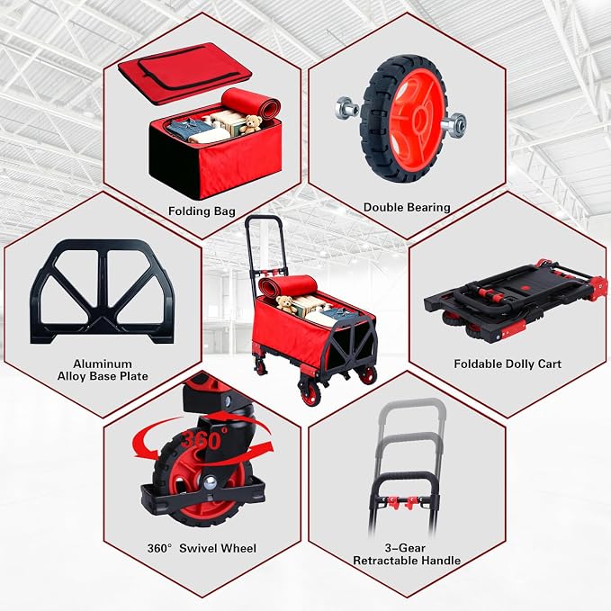 2 in 1 Hand Truck Dolly Foldable,330LB Capacity Portable Folding Hand Cart,Hand Truck Foldable with Retractable Handle,Folding Dolly Cart with Wheels for Moving