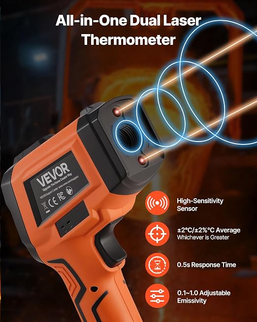 VEVOR Infrared Thermometer, -22℉ to 2912℉ Dual-Mode IR Thermometer Gun with K-Type Thermocouple, Dual Laser Heat Temperature Gun Non-Contact for Metal Smelting/Engine/Industry/Cooking (Not for Human)