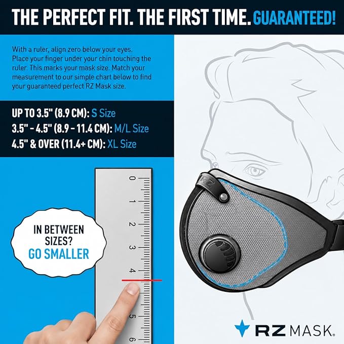 RZ Mask RZM3 - Patented Dust Mask w/ 99.9% Carbon Filtration, Anti Fogging, 360° Seal with 3 Straps, 50% Better Breathability