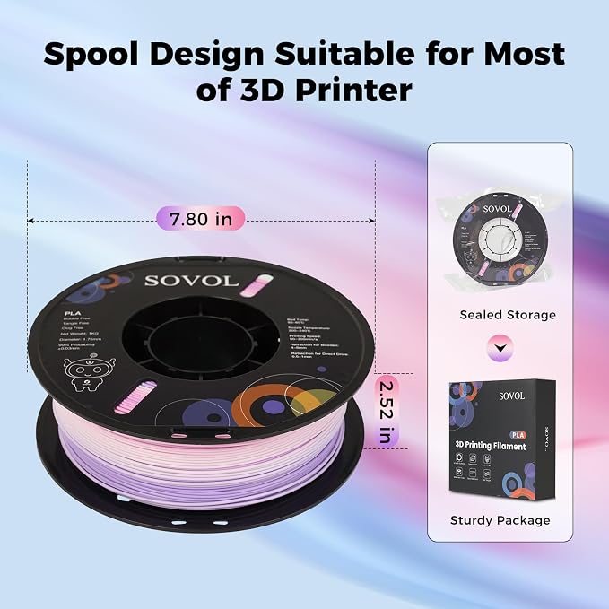 Sovol 3D Printer Matte Multicolored Fast Change Gradient Rainbow PLA 1kg (2.2 lbs) Spool 3D Printing Materials, Dimensional Accuracy +/- 0.03 mm, 1.75 mm, Matte Lavender