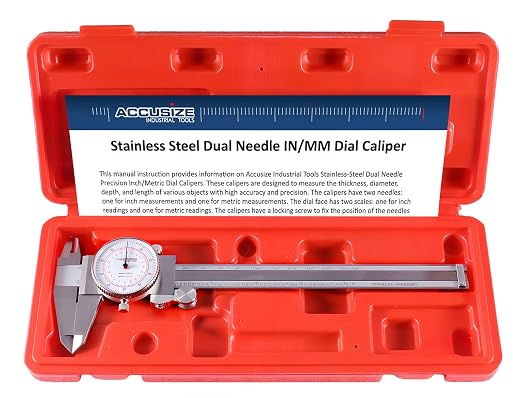 Accusize Industrial Tools 0-6''/0-150 mm by 0.001''/0.02 mm Inch/Metric Dual Needle Precision Dial Caliper Stainless Steel, P920-S236 | 0.001 in/0.02 mm Resolution, +/-0.001 in/0.03 mm Accuracy, Hardened Stainless Steel, 4-Way Measuring