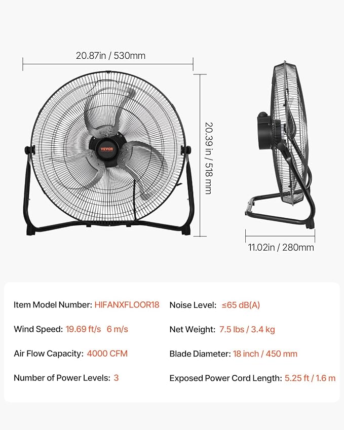 VEVOR Floor Fan, 3 Speeds High Velocity Heavy Duty 18 Inch Industrial Fan, 4000 CFM 360° Adjustable Tilt 19.69 ft/sec Airflow Large Metal Fan, for Home, Gym, Office, Garage, Commercial Shop & Bedroom