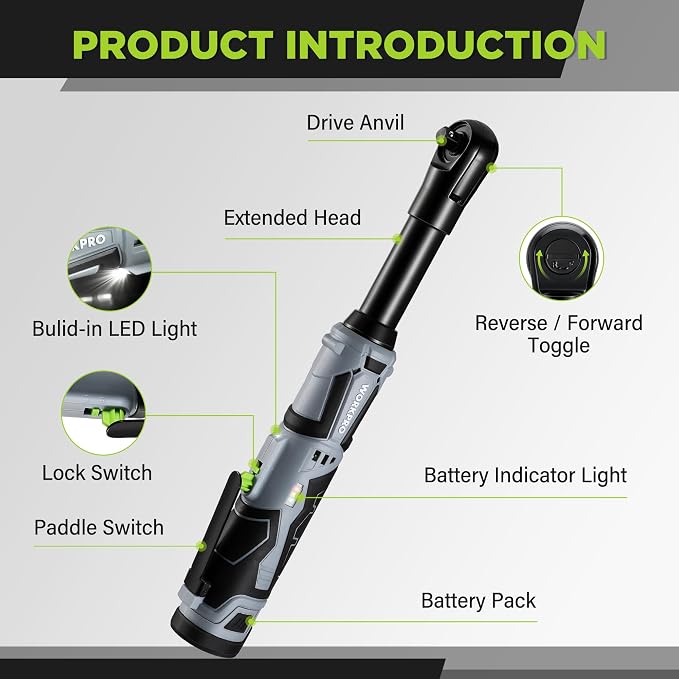 WORKPRO 12V 40 Ft-lbs Power Ratchet Wrench Kit with 10-Piece Socket Accessory Set, 1-Hour Fast Charger, 2.0Ah Lithium-Ion Batteries | 40 Ft-lbs, 10-Piece Socket Accessory Set, 1-Hour Fast Charger, 2.0Ah Lithium-Ion Batteries