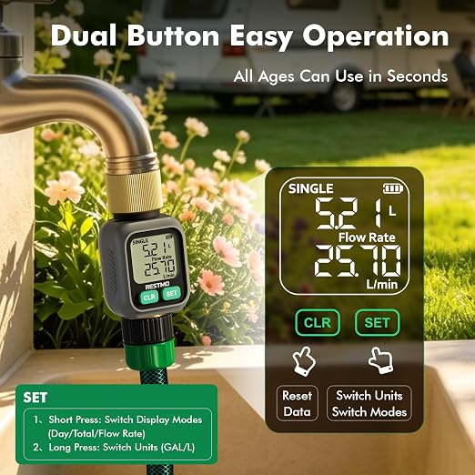 [2 Pack] RESTMO Water Flow Meter with Dual Zone Display Screen, Brass Inlet & Outlet Water Meter, ±4% Accuracy, Measure Gallon/Liter Consumption and Flow Rate for RV, Garden Hose, Sprinkler & Nozzle