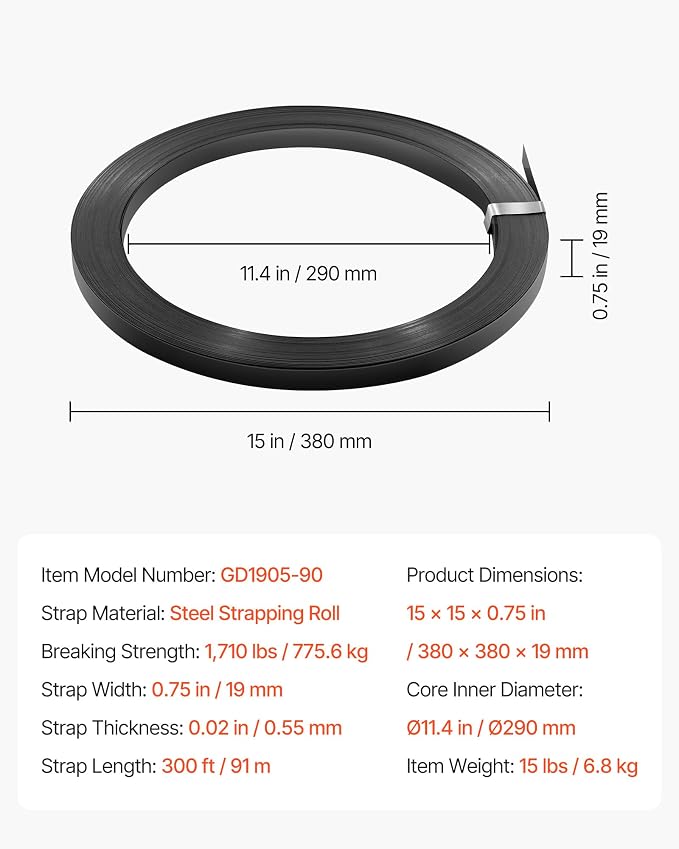 VEVOR Steel Strapping Coil, 3/4 in x 0.02 in x 300 ft, Metal Strapping Banding Roll Withstands Harsh Environment, 1710 lbs Break Strength, Heavy Duty Banding Pallet Strap Coil for Pallet Packing