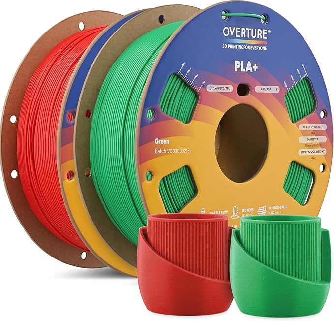 OVERTURE 2KG Bundle High Speed PLA+ 3D Printer Filament 1.75mm, Upgraded Rapid PLA 2.0 with Enhanced Toughness & Stability, 2 Pack 1kg Spool (2.2lbs) Fit Most FDM 3D Printers (Red+Green)