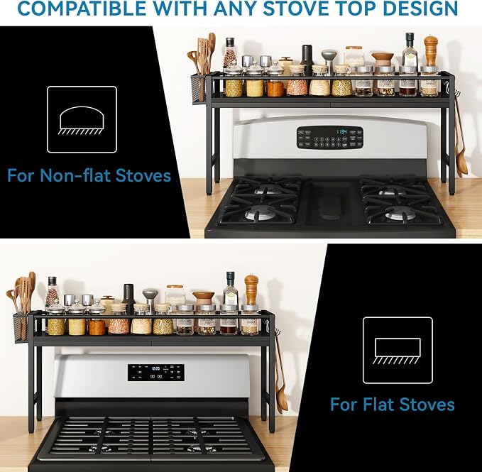 YMYNY 32.5" Spice Rack Over Stove Kitchen Organizer Black UHSR008B | With 4 hooks & side basket, this shelf adds extra countertop storage for spices, utensils, oil bottles and kitchen essentials