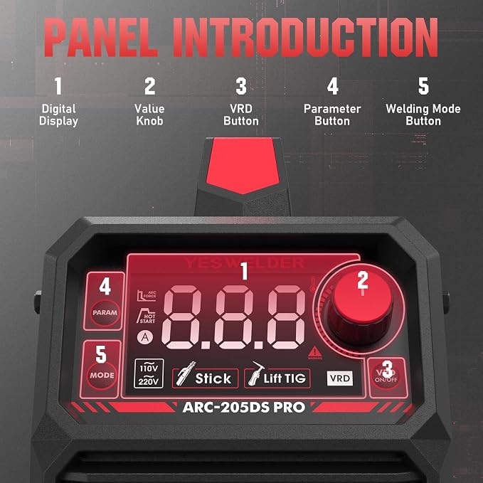 YESWELDER 205Amp Stick Welder Large LED Display with Lift TIG Torch, Digital Inverter IGBT ARC Welding Machine, 110V/220V Dual Voltage Hot Start Portable MMA Welder Machine, Arc force