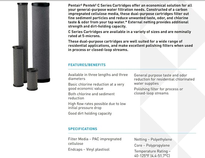 Pentair Pentek C1-20 Dual Purpose Carbon Water Filter, 20" x 2.5" Powdered Activated Carbon Cartridge, 5 Micron Sediment and Chlorine Taste Odor Reduction, 10000 Gallon Capacity, Pack of 14