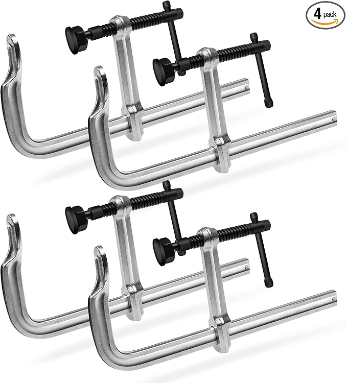 Heavy-Duty 12-Inch F-Clamps, 4-Pack, 3450 Lbs Forged Alloy Steel | 5-1/2" Deep Throat F-Style Bar Clamps for Welding, Metalworking & Fabrication, Solid Steel Jaws & Black-Oxide Spindle