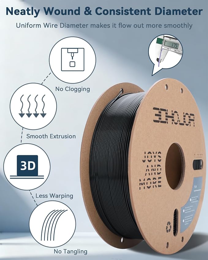 3DHoJor PLA Filament 1.75mm Black,3D Printing Filament,1kg Cardboard Spool (2.2lbs), Fit Most FDM 3D Printer,Dimensional Accuracy +/- 0.03 mm,Vacuum Packaging, No Brittle Filaments